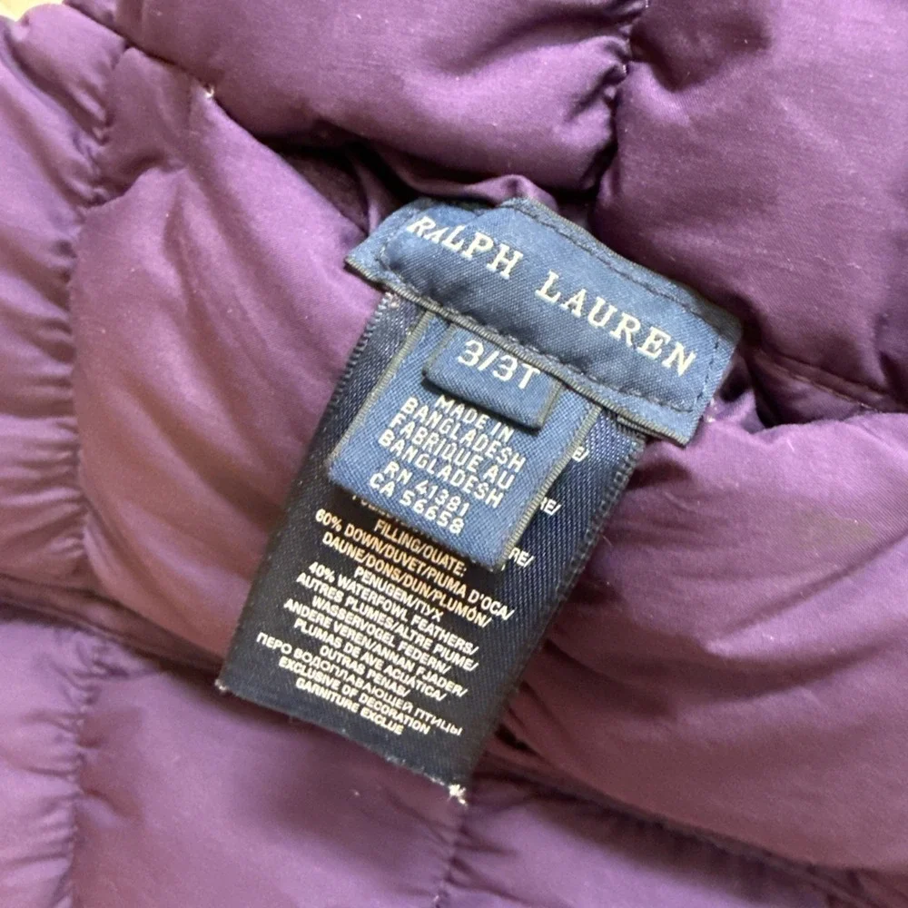 Ralph Lauren Toddler Girl Reversible Puffer Vest Sz 3T Purple Off White DuckDown